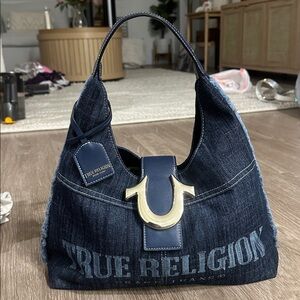 True Religion Denim Hobo Bag with Gold Accent